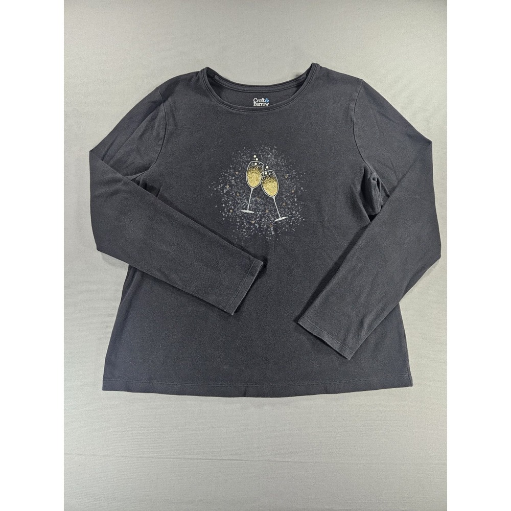 Croft & Barrow New Years Shirt Womens Large Gray Champagne Graphic Long Sleeve